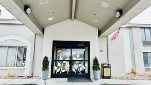 A hotel entrance with a black door, a small American flag, and two potted plants on either side. - Sleep Inn South Jordan - Sandy (South Jordan)