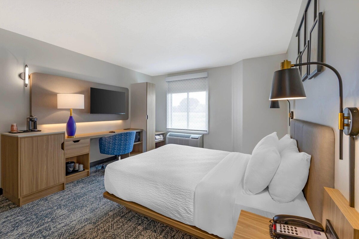 A hotel room with a bed, desk, chair, TV, lamp, and phone.