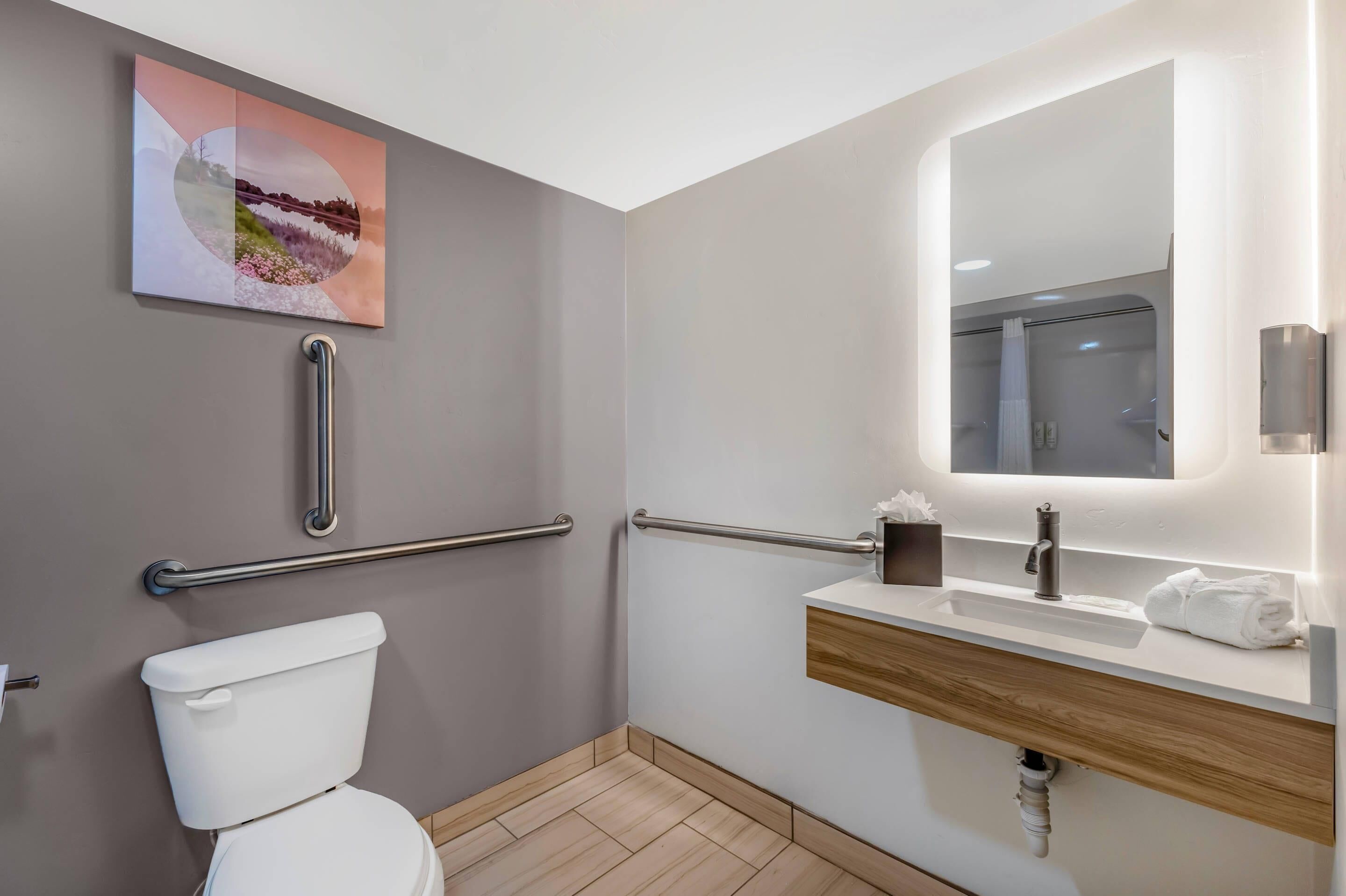 A bathroom with a toilet, a sink with a mirror, and a handrail.