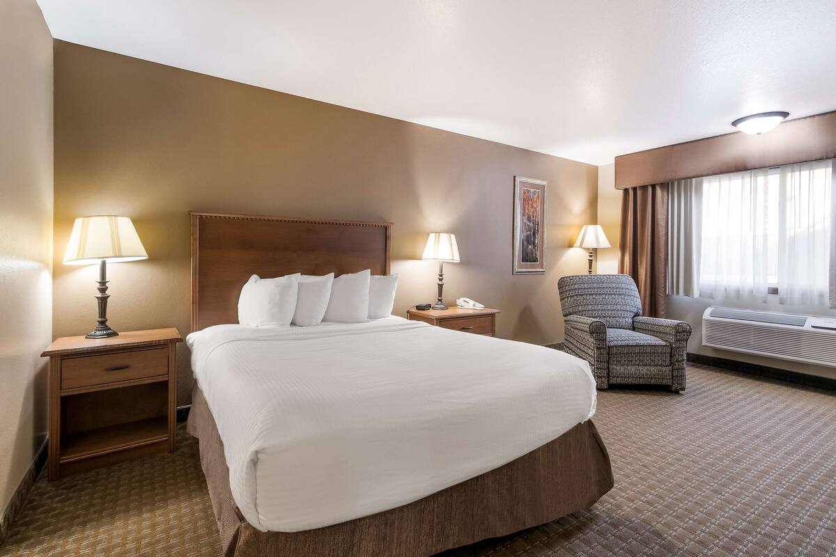 Une chambre d’hôtel avec un grand lit, deux tables de chevet avec des lampes, une chaise, un tableau au mur et une fenêtre avec des rideaux.