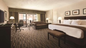 A hotel room with a large bed, a desk, a chair, a sofa, and a TV. - Radisson Hotel Louisville North (Clarksville)