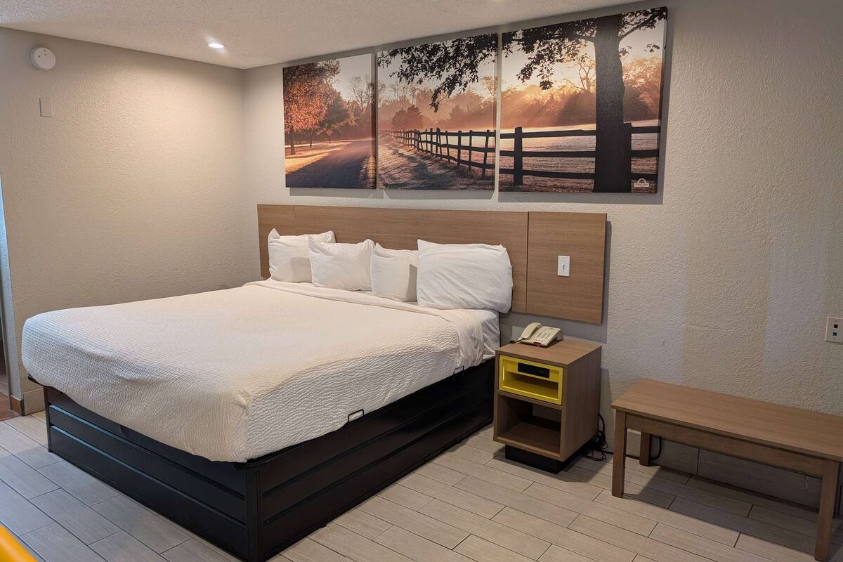 A modern hotel room with a large bed, a bedside table with a phone, and a bench.