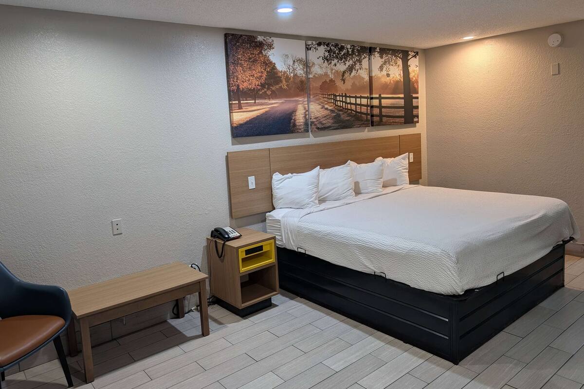 A bedroom with a bed, bedside table, chair, and a wall-mounted painting.