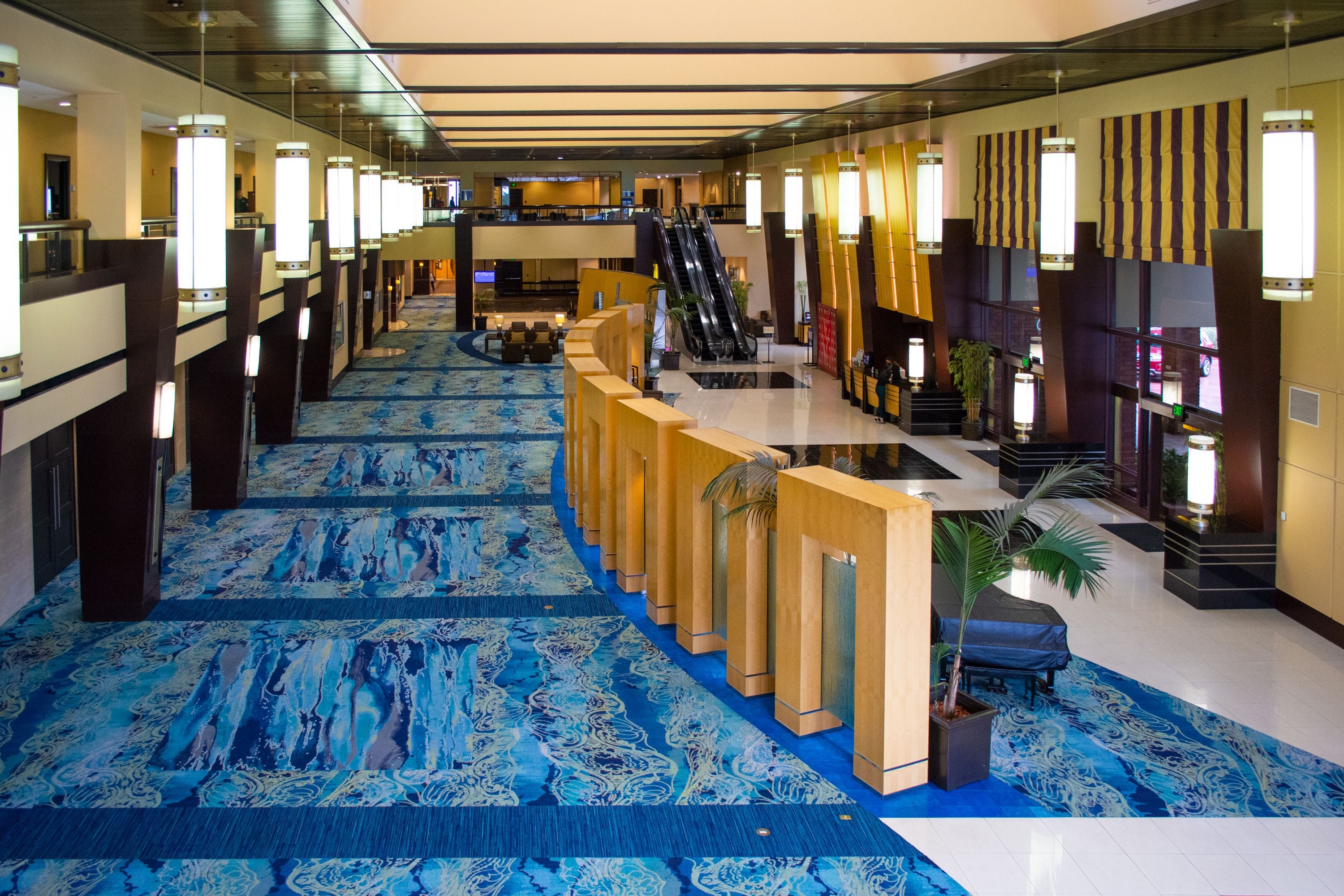 A hotel lobby with a blue patterned carpet, wooden reception desk, escalators, and a large potted plant.