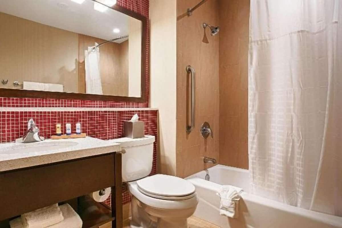 Badeværelse | Kombination af bruser/badekar, designertoiletartikler, hårtørrer