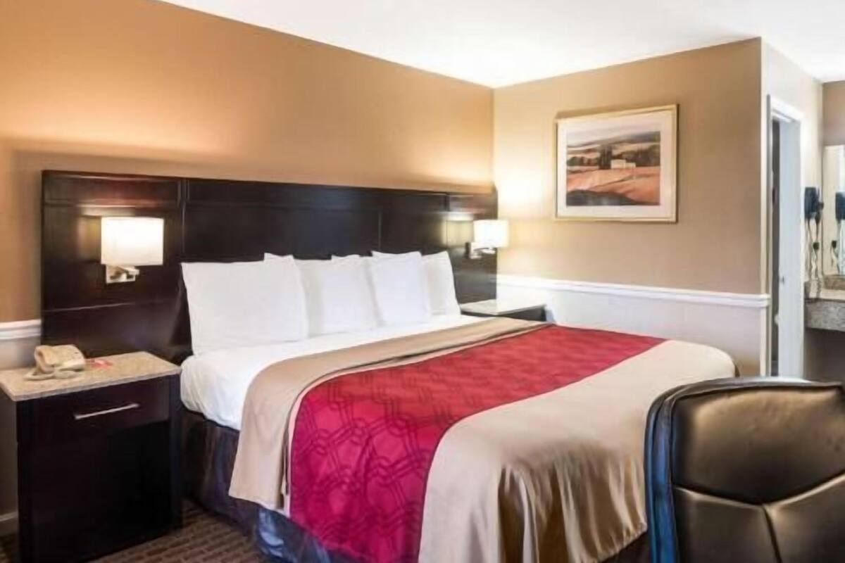A hotel room with a bed, a nightstand, a chair, a painting on the wall, and a door.