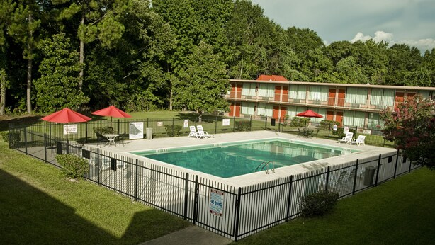 Un espace piscine avec une piscine entourée d’une clôture, des chaises longues et des parasols.