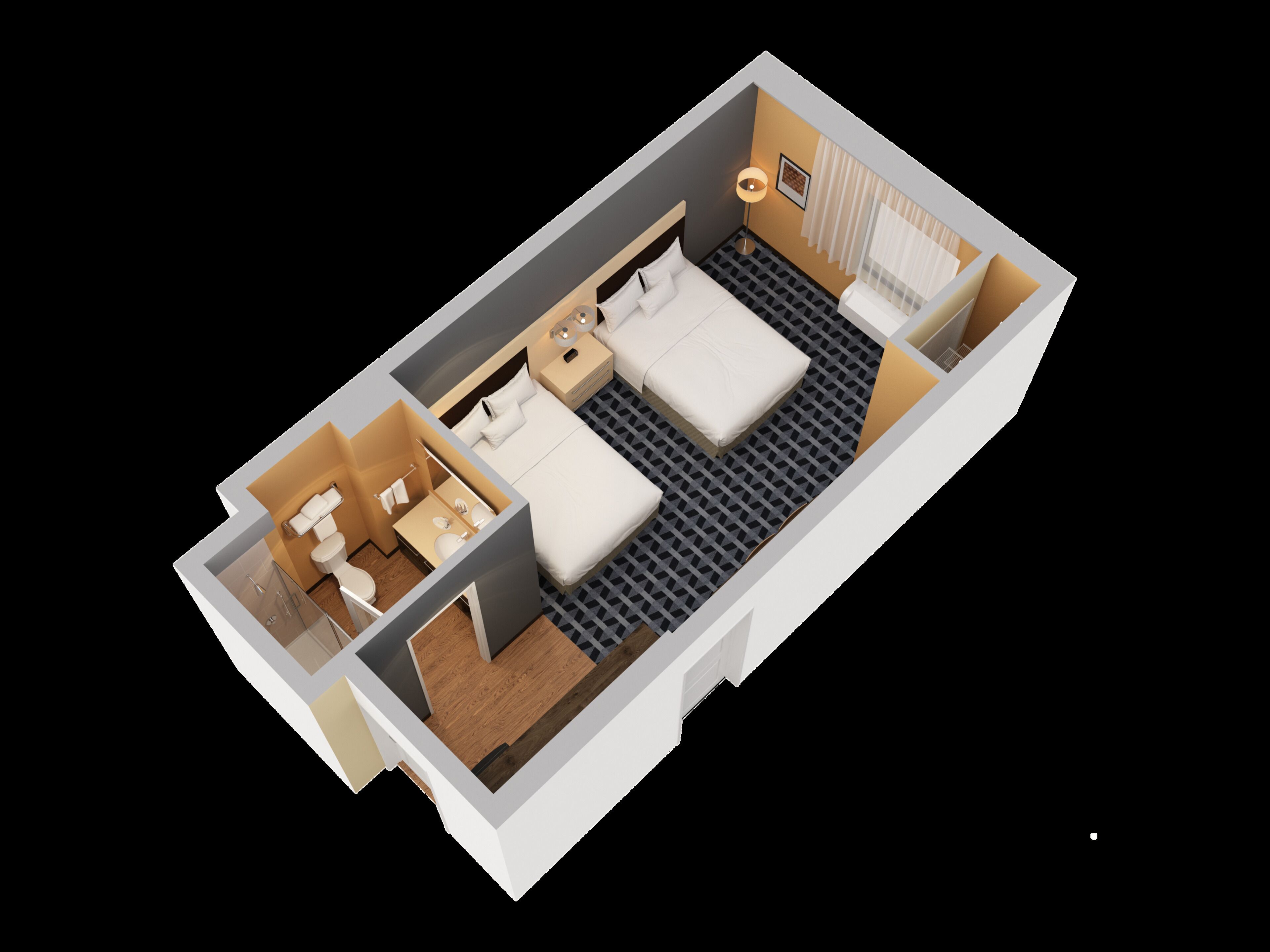 A 3D floor plan of a hotel room with a bed, a desk, a chair, a small bathroom, and a window.
