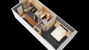 A 3D floor plan of a hotel room with a bed, a desk, a chair, a wardrobe, and a bathroom.