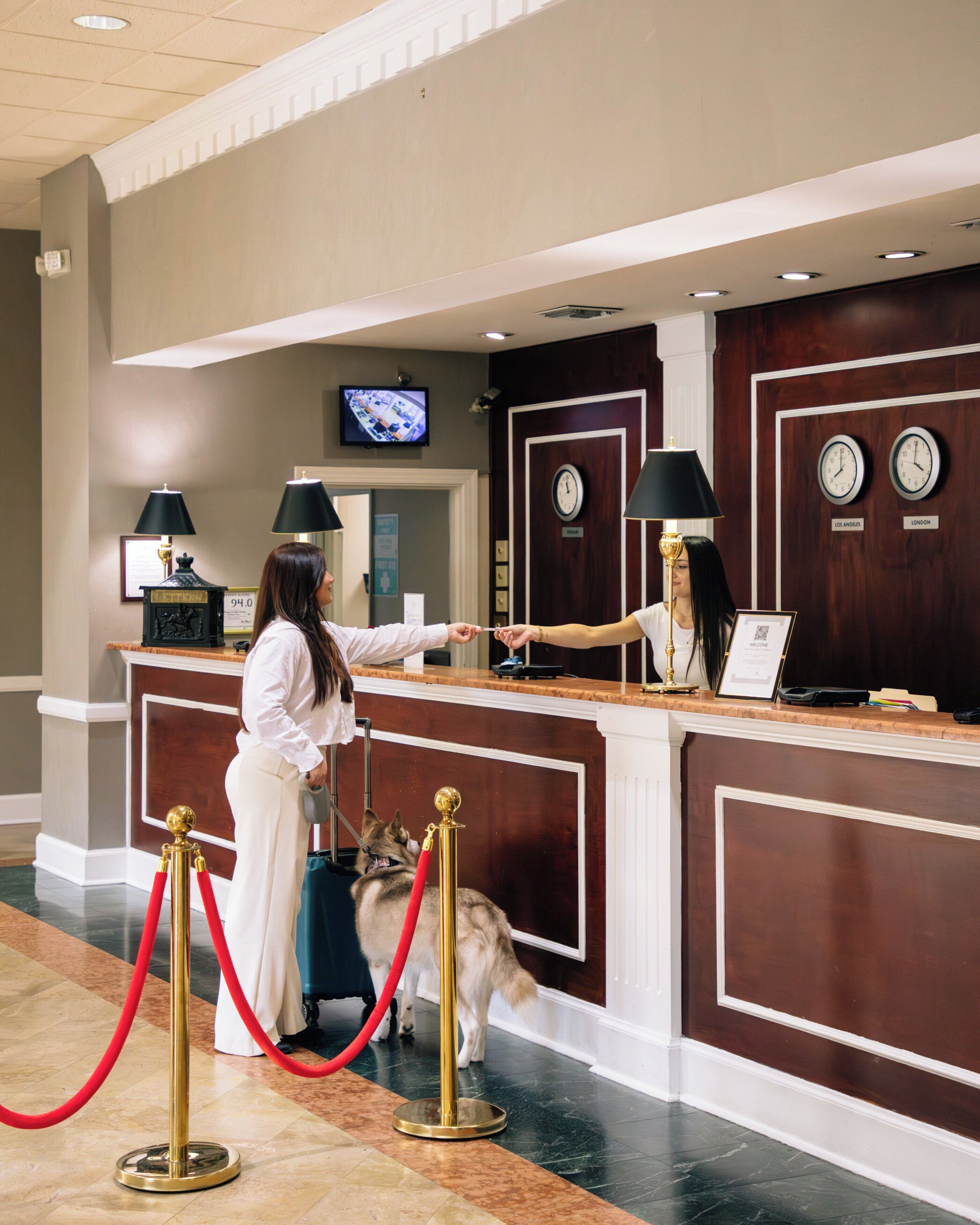 A reception desk with a dog, a red rope barrier, and clocks indicating time zones.