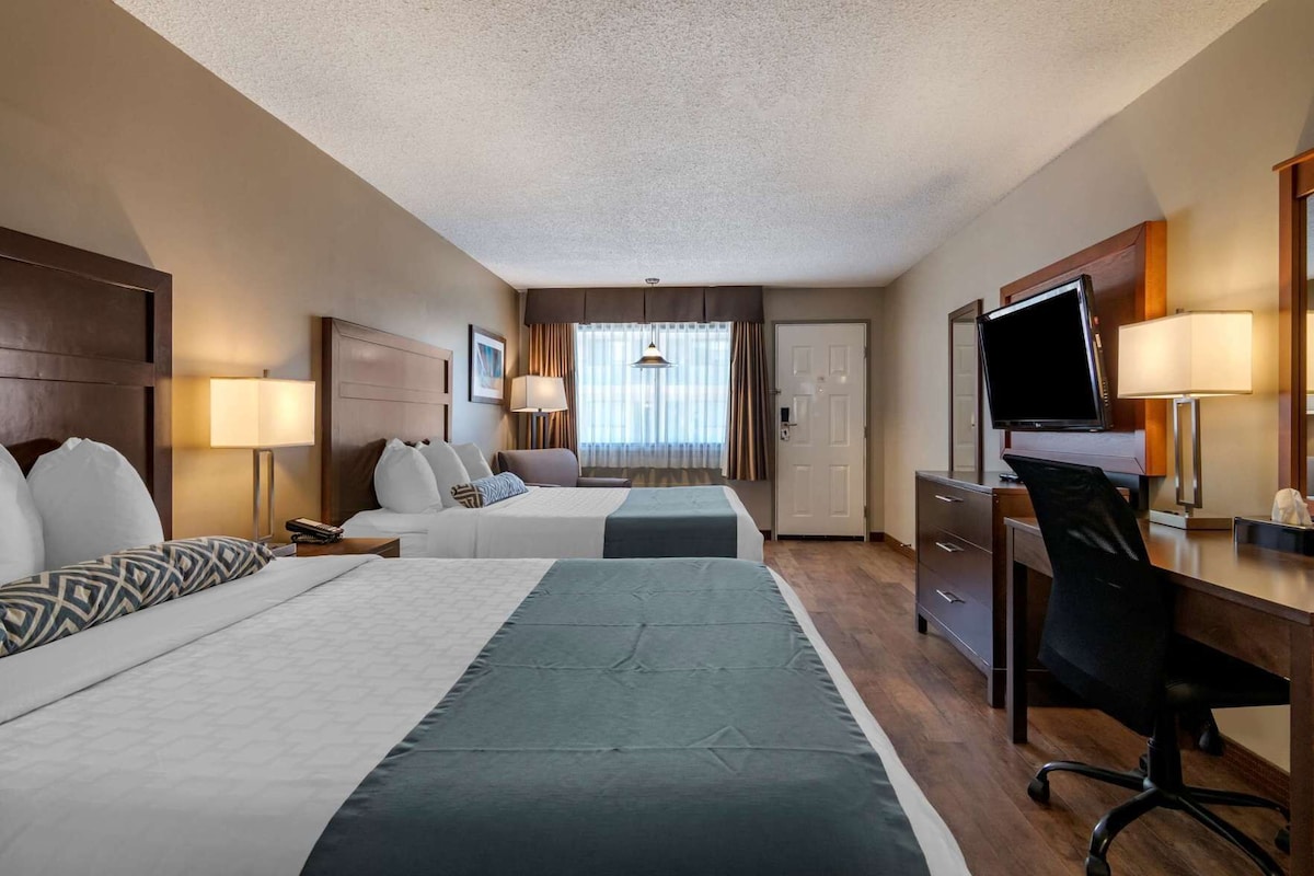 Een hotelkamer met twee bedden, een bureau, een stoel, een televisie en een deur.