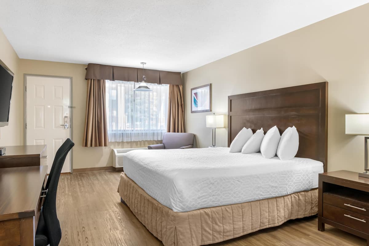 Een hotelkamer met een groot bed, een bureau, een stoel, een televisie, een raam met gordijnen en een wandlamp.