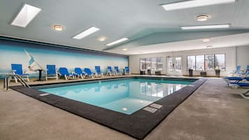 Indoor pool, open 9:00 AM to 9:00 PM, sun loungers