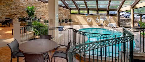 Indoor pool, seasonal outdoor pool, pool umbrellas