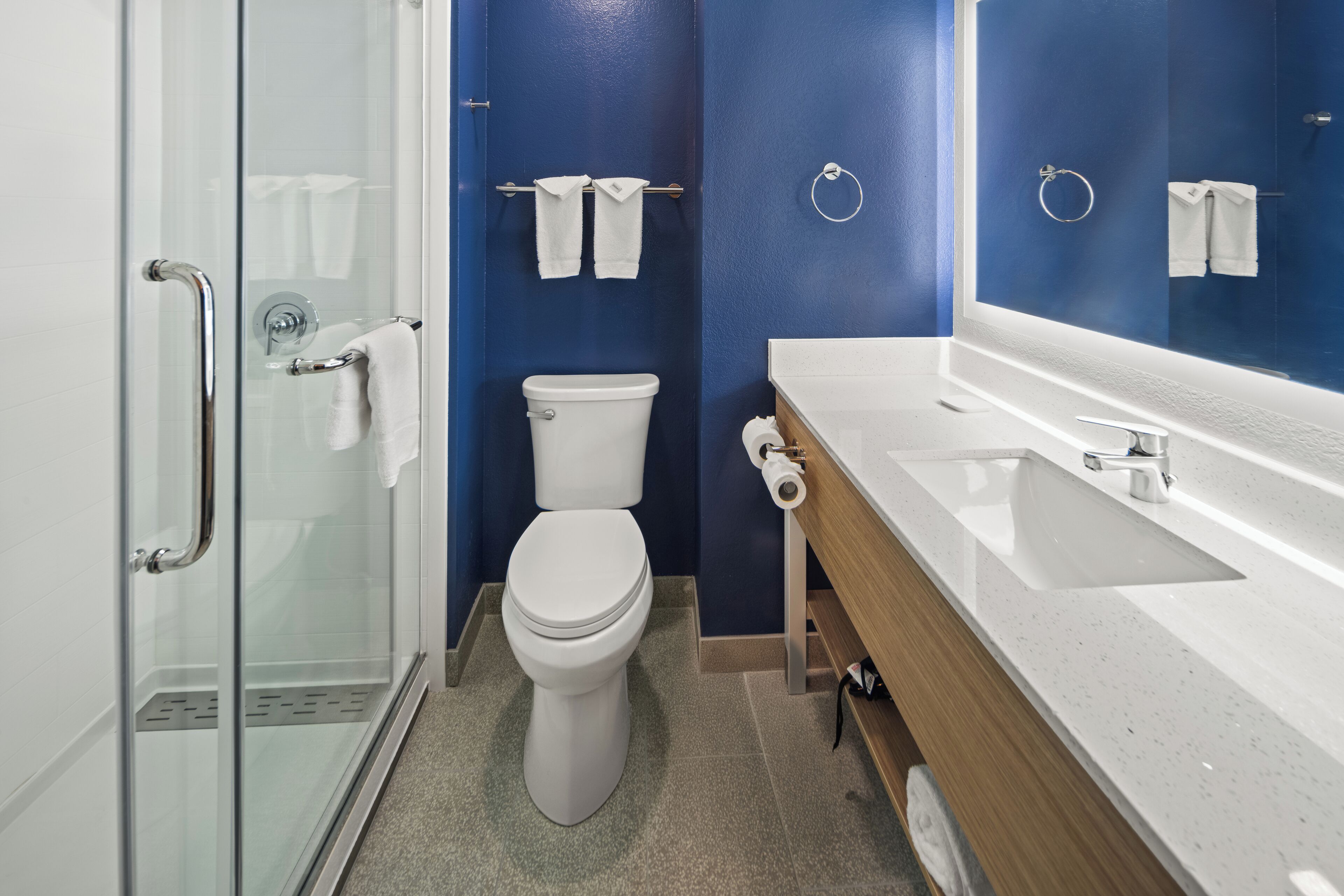 A modern bathroom with a glass shower enclosure, a white toilet, and a wooden vanity with a large mirror.