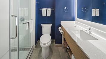 A modern bathroom with a glass shower enclosure, a white toilet, and a wooden vanity with a large mirror.