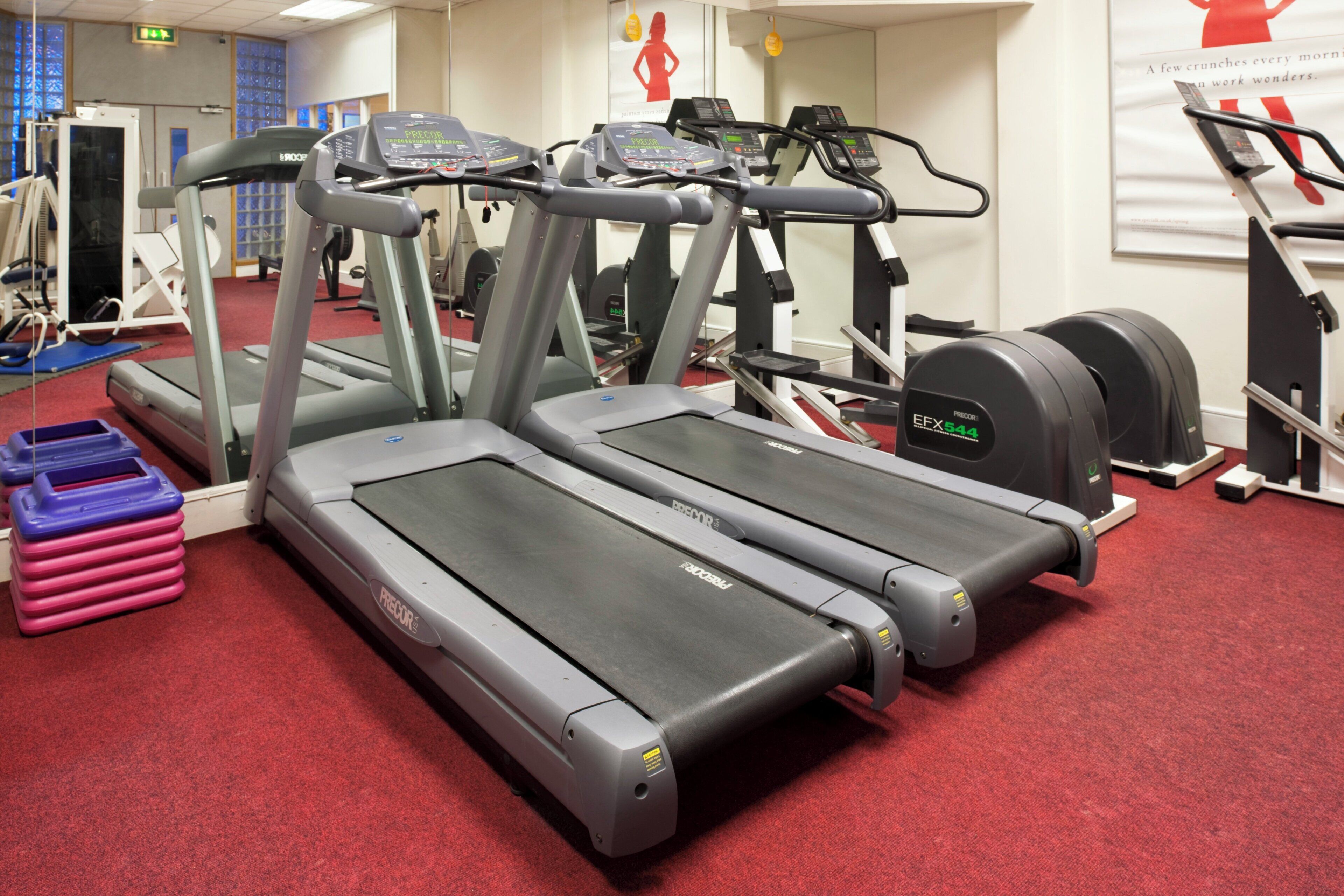A gym with treadmills, weight machines, and a red carpeted floor.