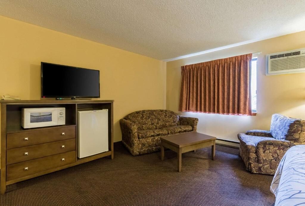 A hotel room with a television, a microwave, a refrigerator, a sofa, a chair, and a small table.