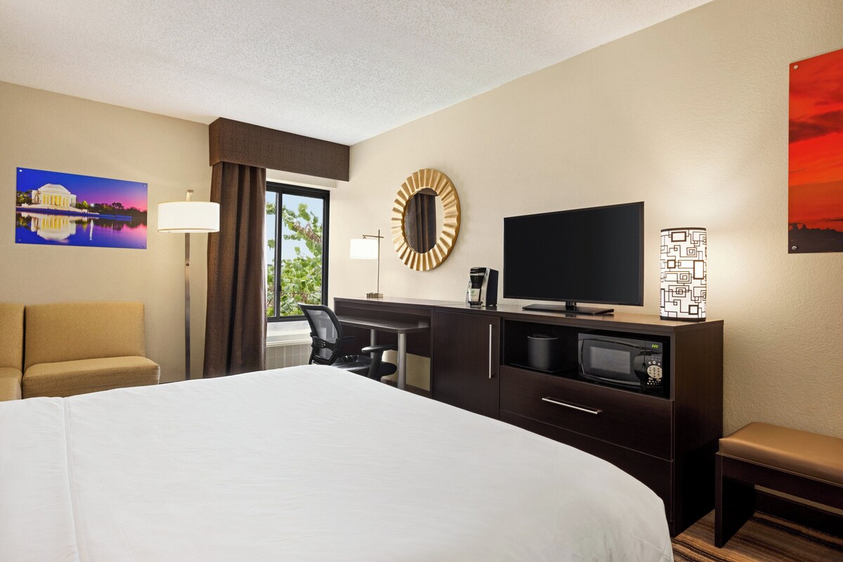 Quarto de hotel com uma cama grande, uma escrivaninha com cadeira, televisão, micro-ondas e janela com vista para vegetação.