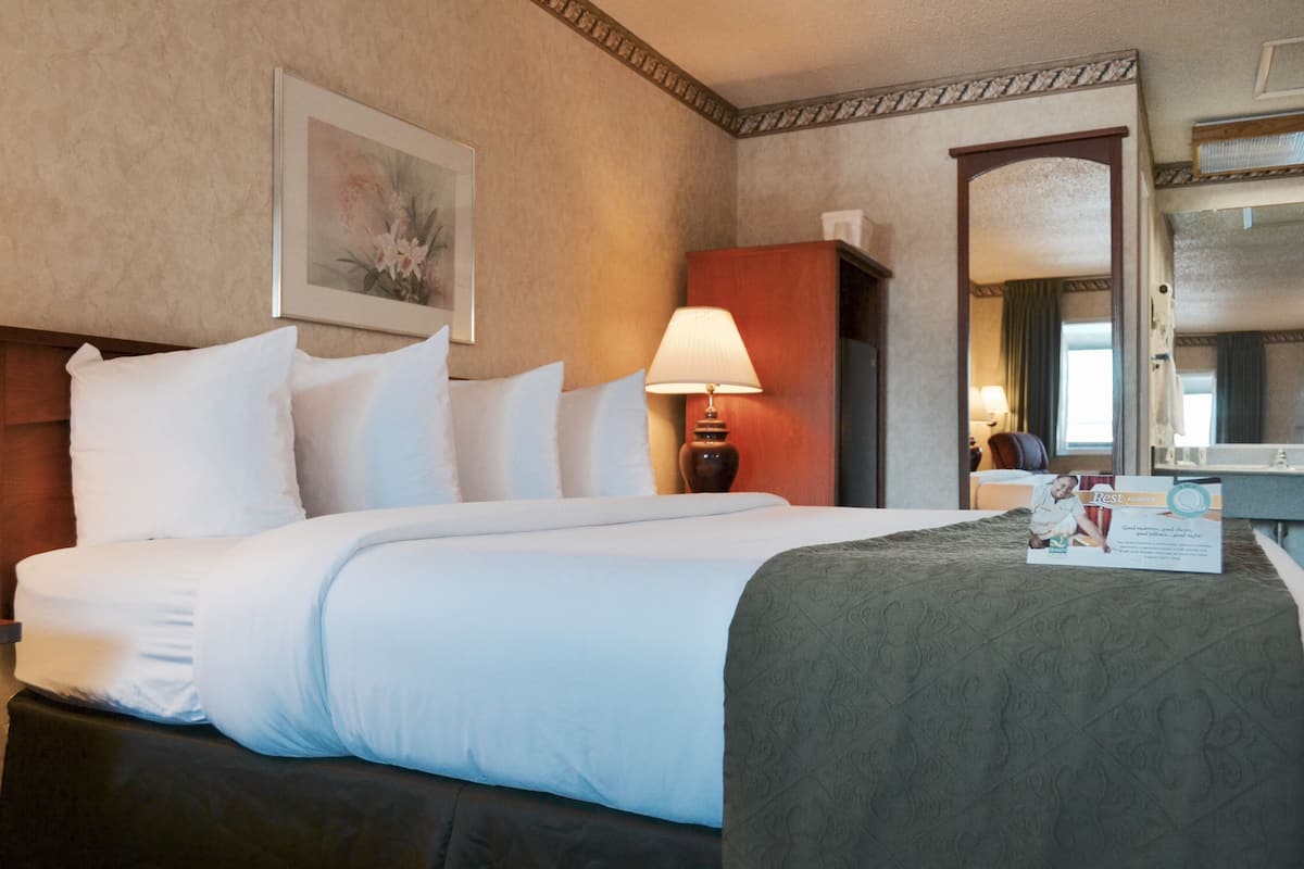 Ein Hotelzimmer mit einem großen Bett, einer Nachttischlampe, einem gerahmten Bild an der Wand und einem Spiegel.