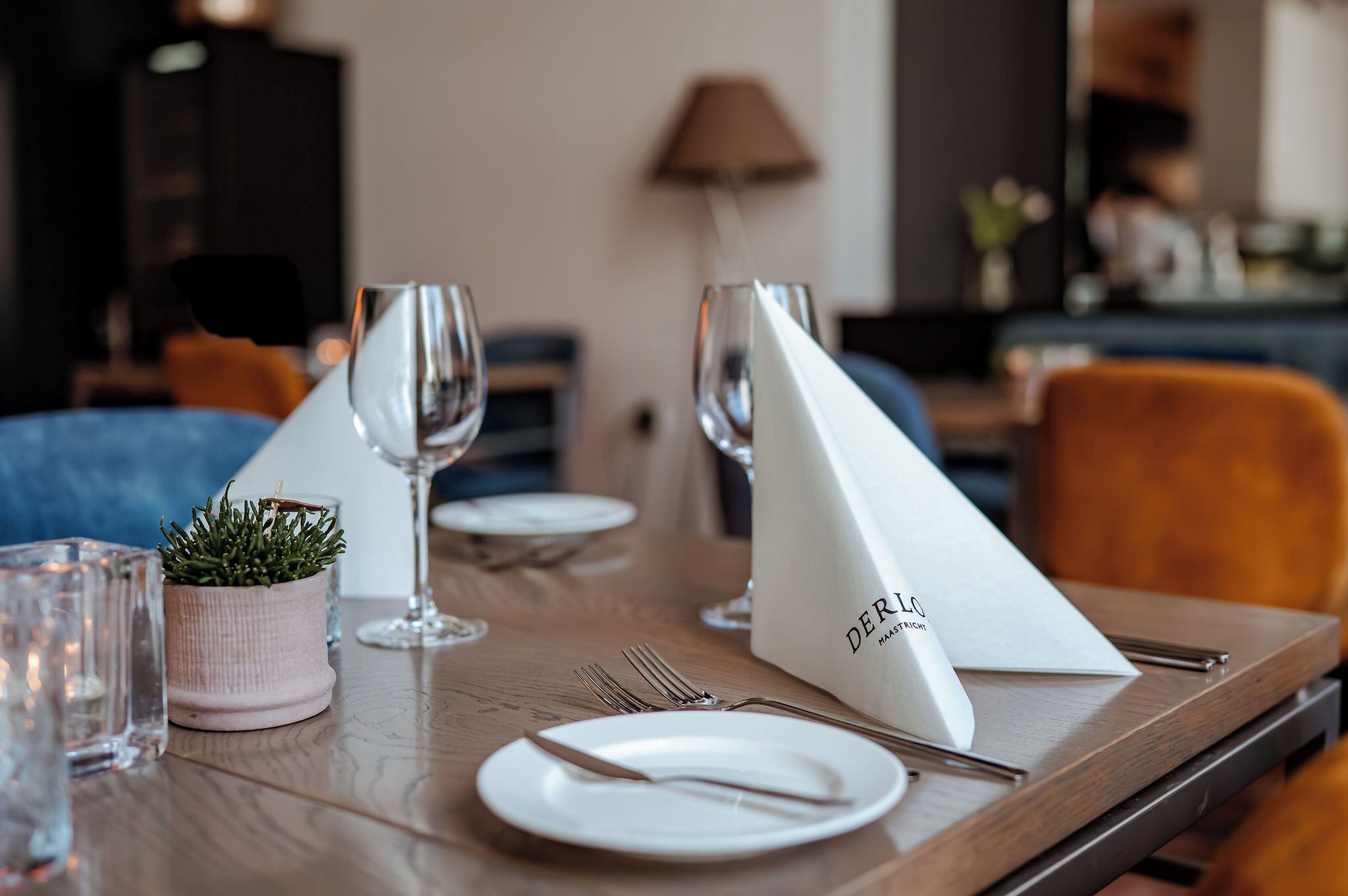 Mesa para comer servida con platos, cubiertos y vasos, con una planta en maceta y una servilleta blanca con texto.