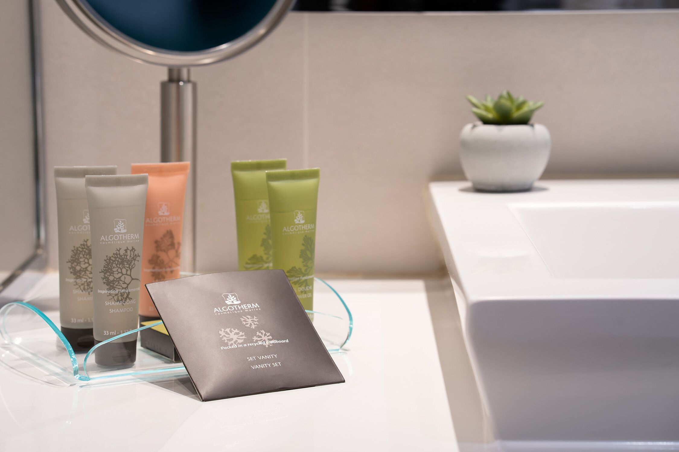 A bathroom vanity with a mirror, a small potted plant, and a vanity set.