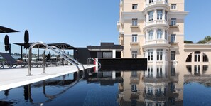 Seasonal outdoor pool, pool umbrellas, sun loungers