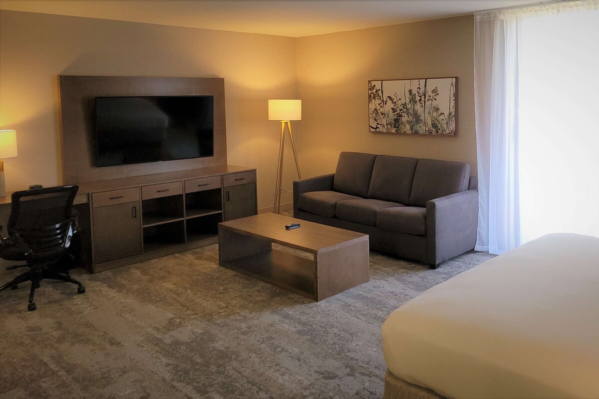 A hotel room with a TV, sofa, coffee table, and a bed.