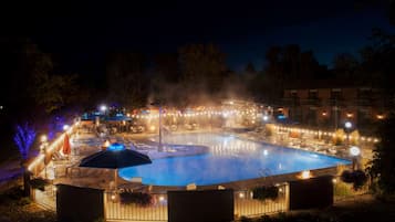 Indoor pool, outdoor pool, open 4:00 PM to 10:00 PM, pool umbrellas