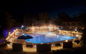 Indoor pool, outdoor pool, open 4:00 PM to 10:00 PM, pool umbrellas