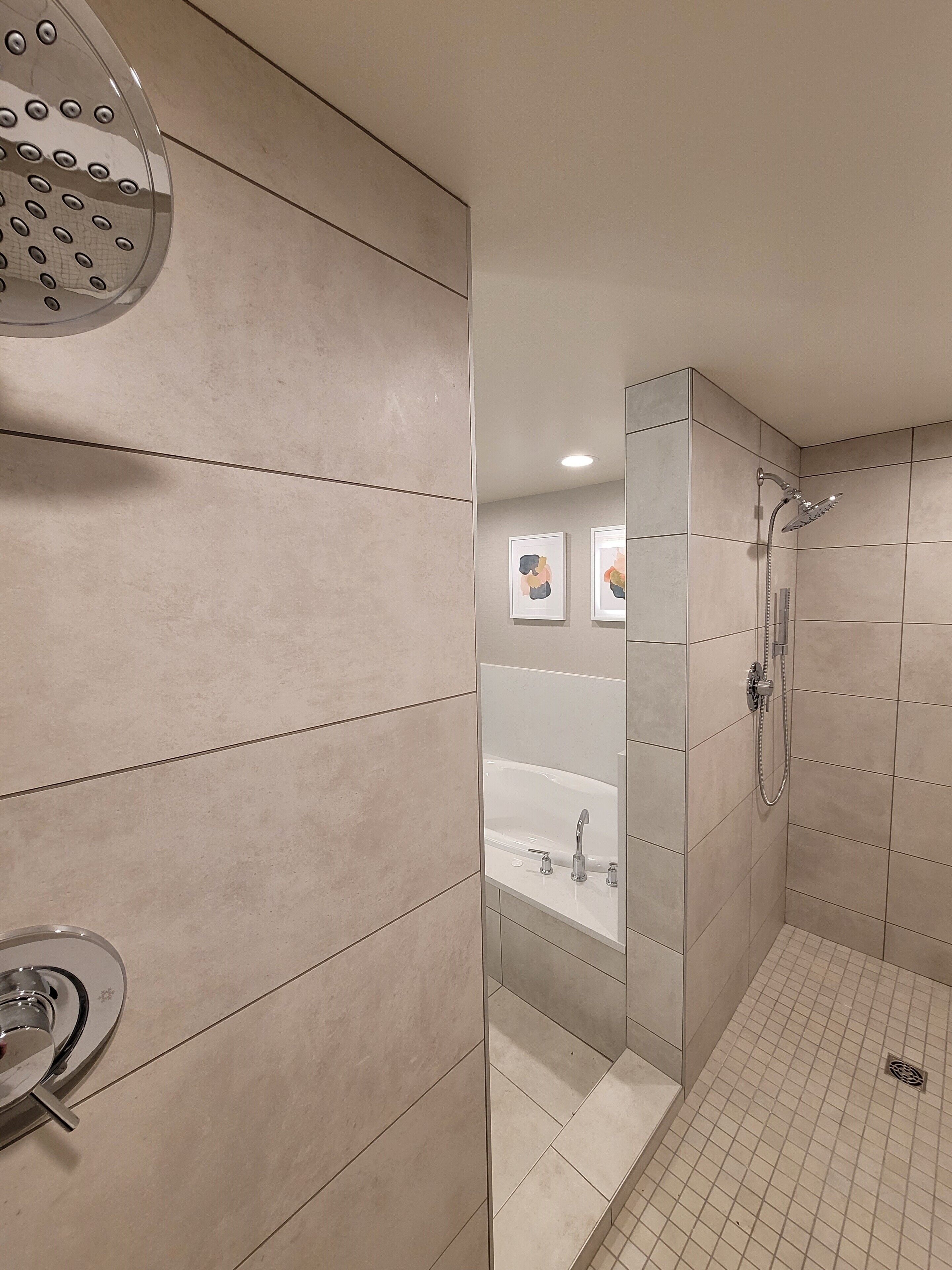 A modern bathroom with a shower, a bathtub, and a toilet.