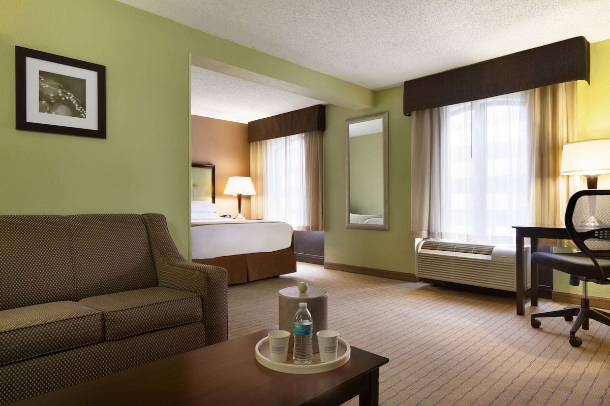A hotel room with a bed, a sofa, a desk, and a chair. There is a tray with a bottle and two cups.