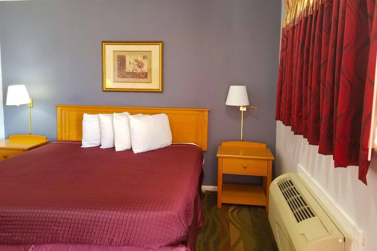 A hotel room with a bed, two bedside tables, a wall-mounted picture, a radiator, and red curtains.