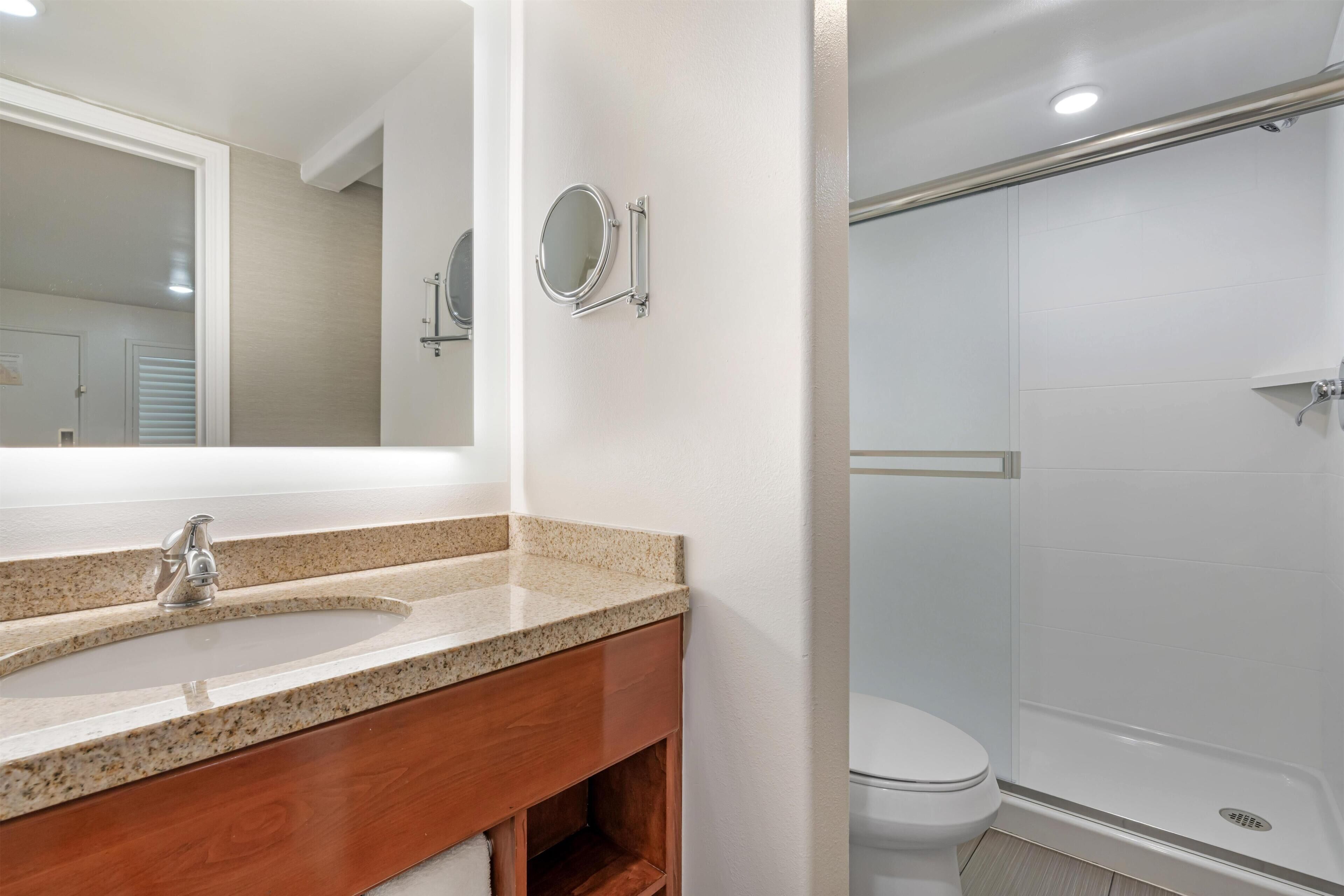 A bathroom with a sink, mirror, toilet, and shower.