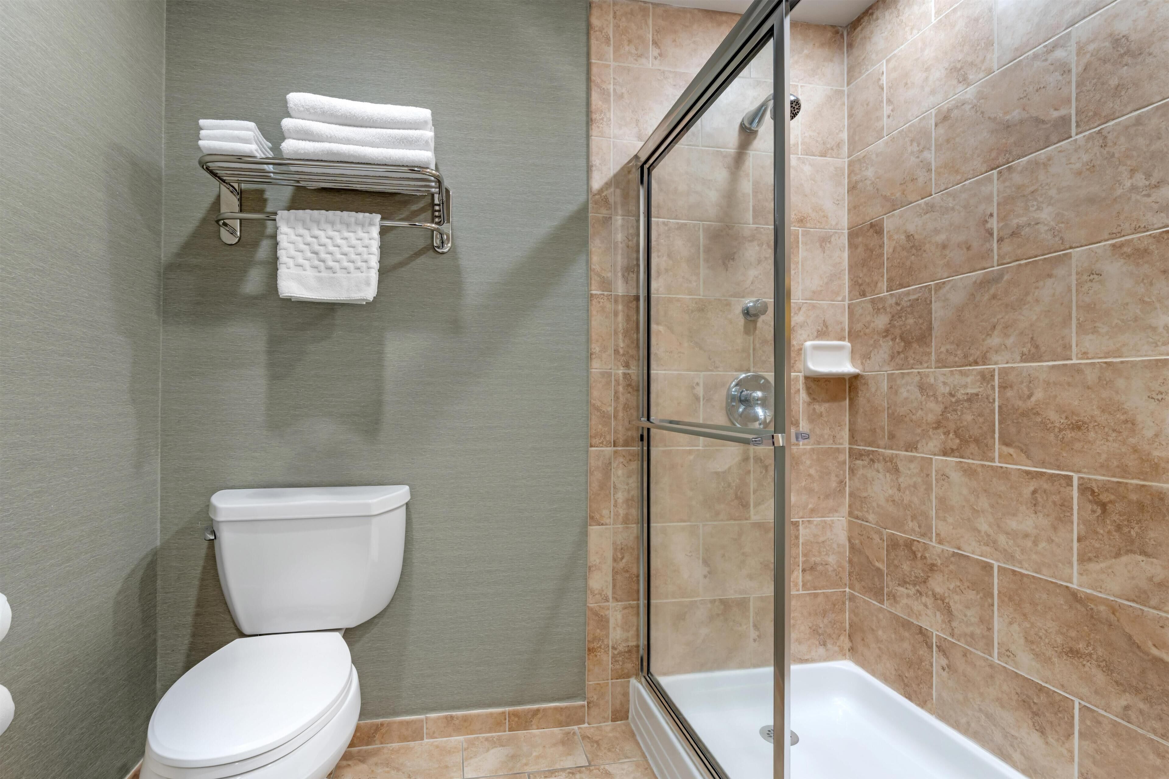 A bathroom with a toilet, a glass-enclosed shower, and a towel rack with folded towels.