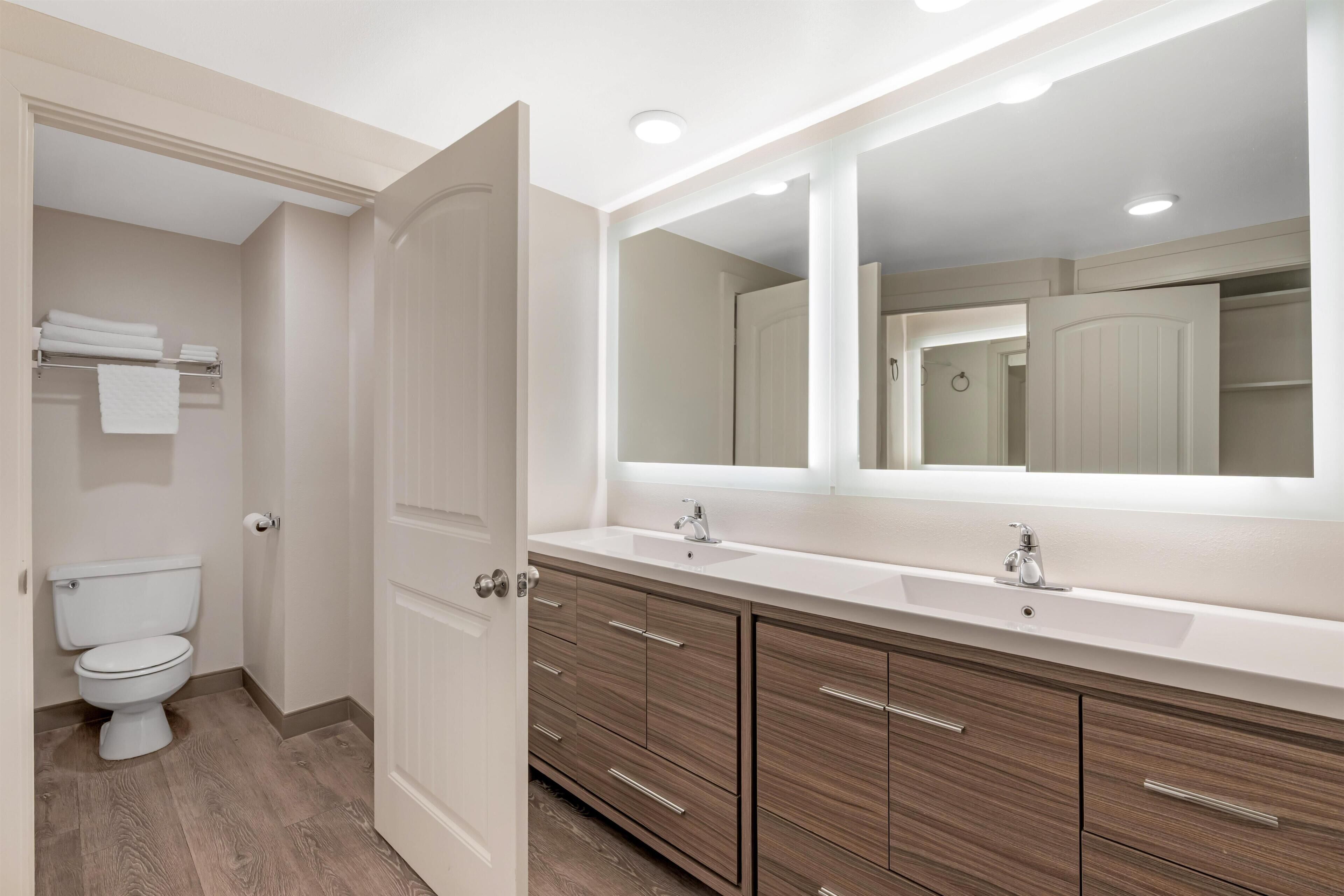Une salle de bain avec des toilettes, un lavabo et un miroir.