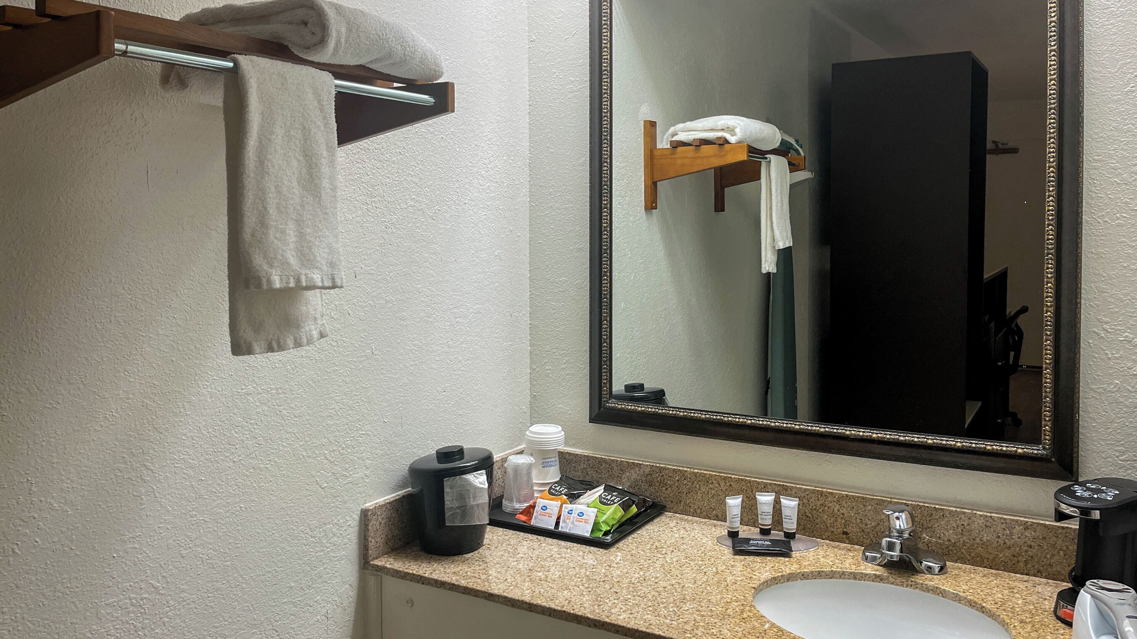 Combined shower/bathtub, free toiletries, hair dryer, towels