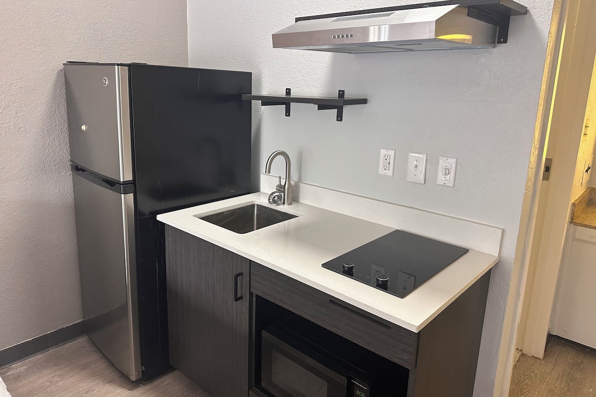 Fridge, microwave, dining tables