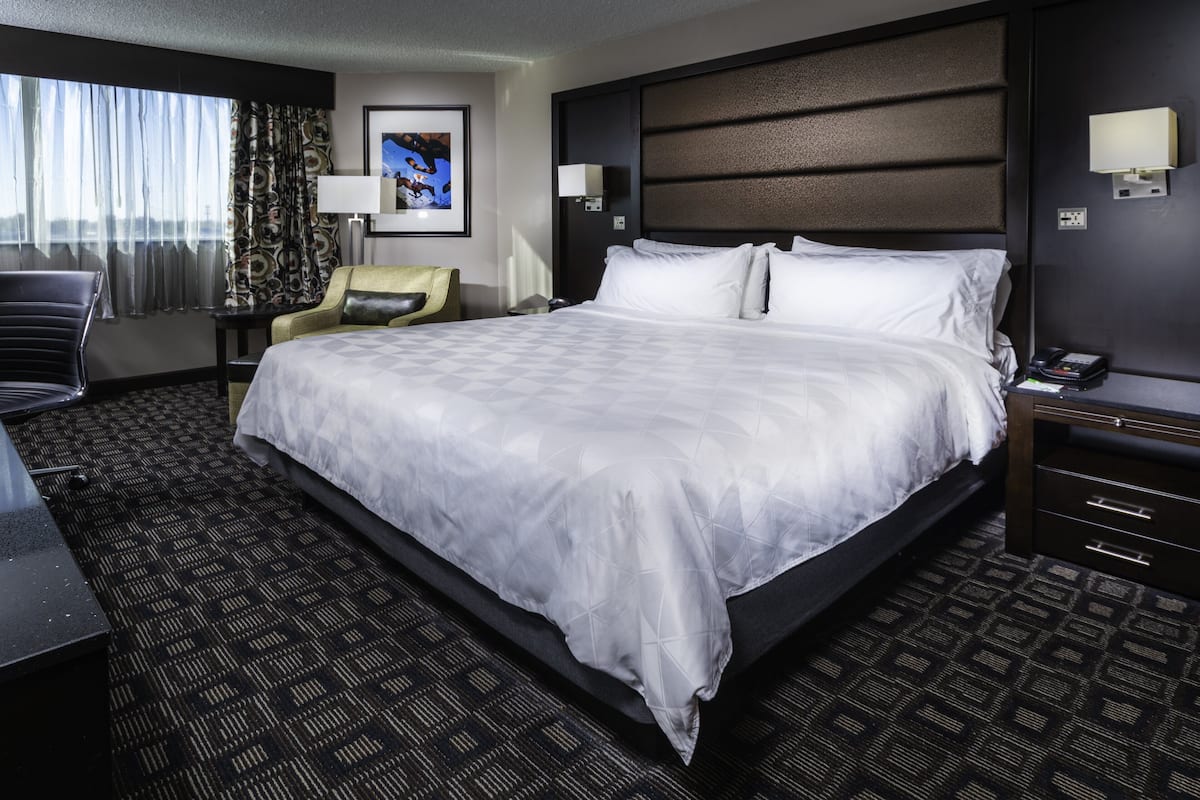 A hotel room with a large bed, a desk, a chair, and a view of the outdoors through the window.