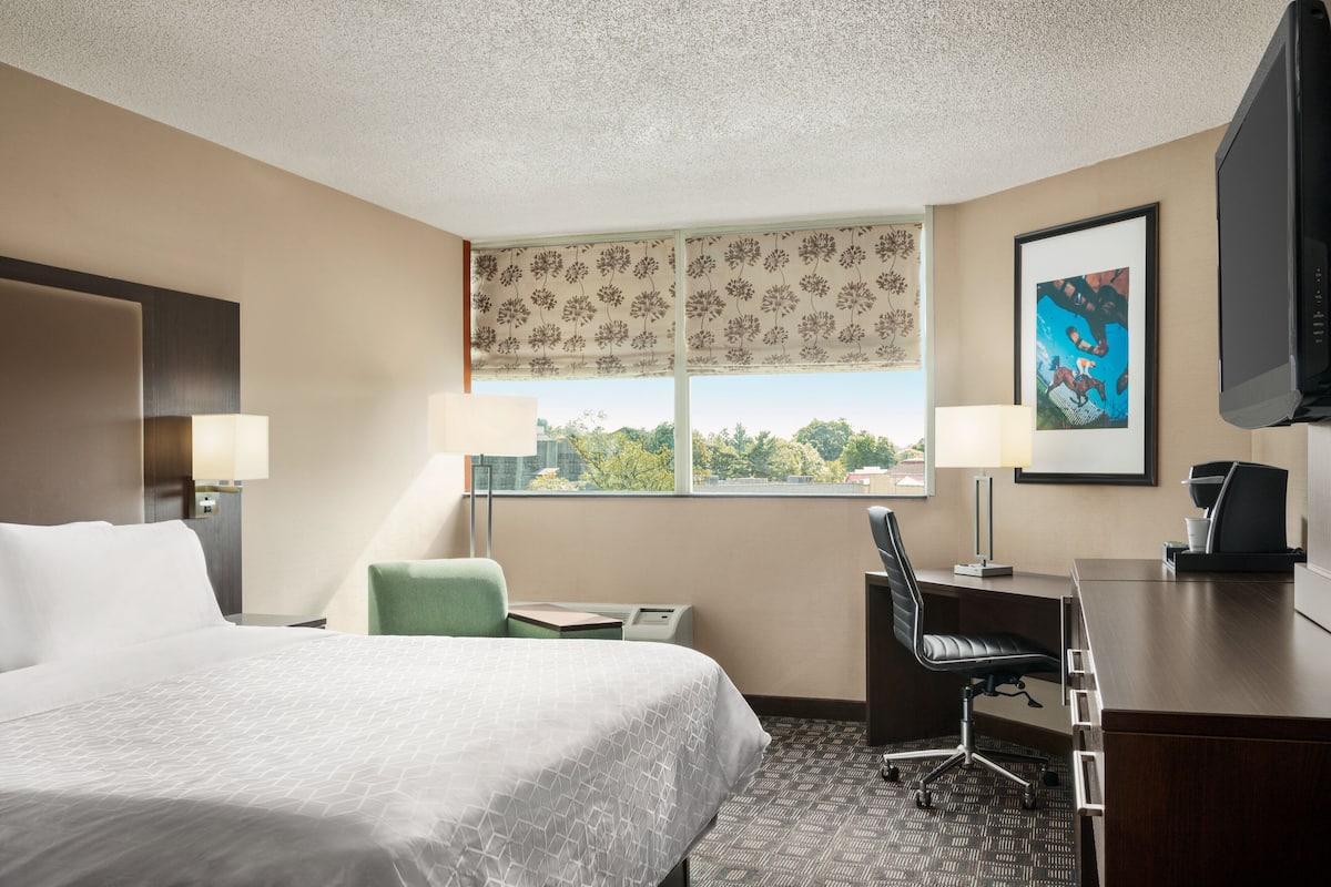 A hotel room with a large bed, a desk with a chair, a television, and a window with a view of the city.
