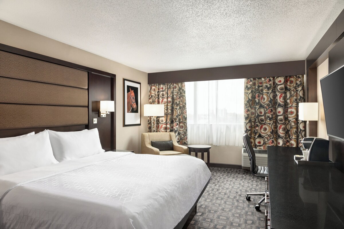 A hotel room with a large bed, a desk, a chair, and a TV.
