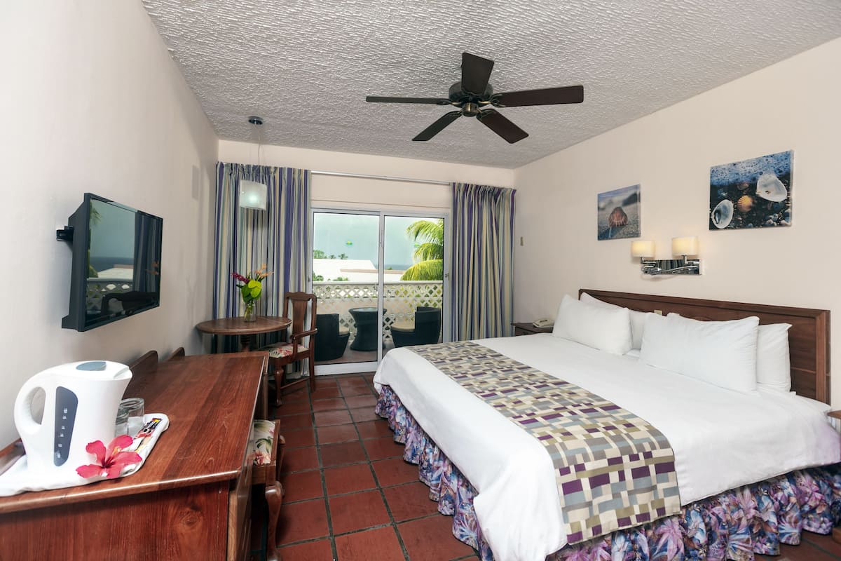 A hotel room with a bed, a desk with a kettle, a chair, a ceiling fan, and a view through the window.