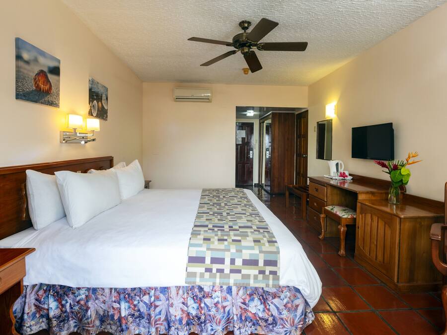 A hotel room with a bed, a desk, a chair, a ceiling fan, and a television.