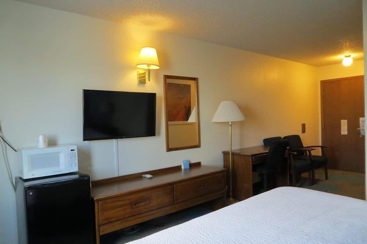 Una habitación de hotel con cama, escritorio, silla, televisor y microondas.