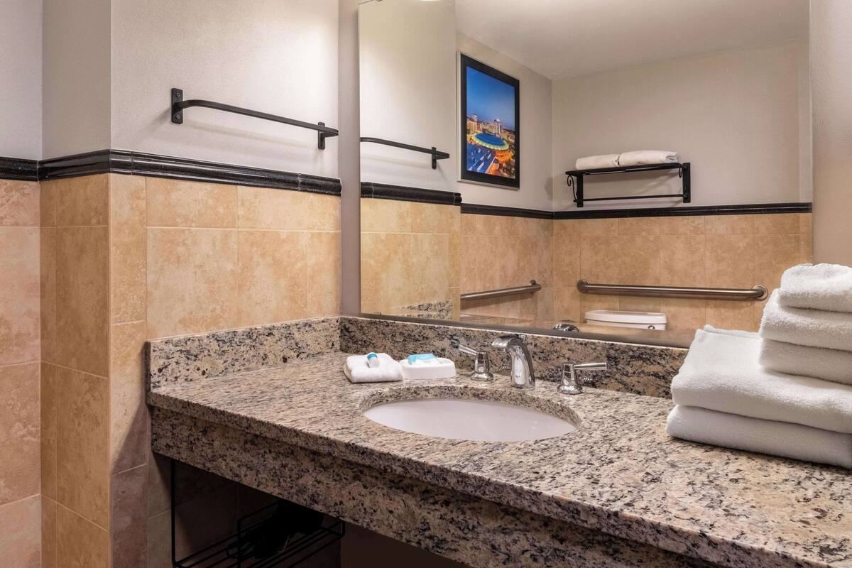 combined shower/bathtub, free toiletries, hair dryer, towels