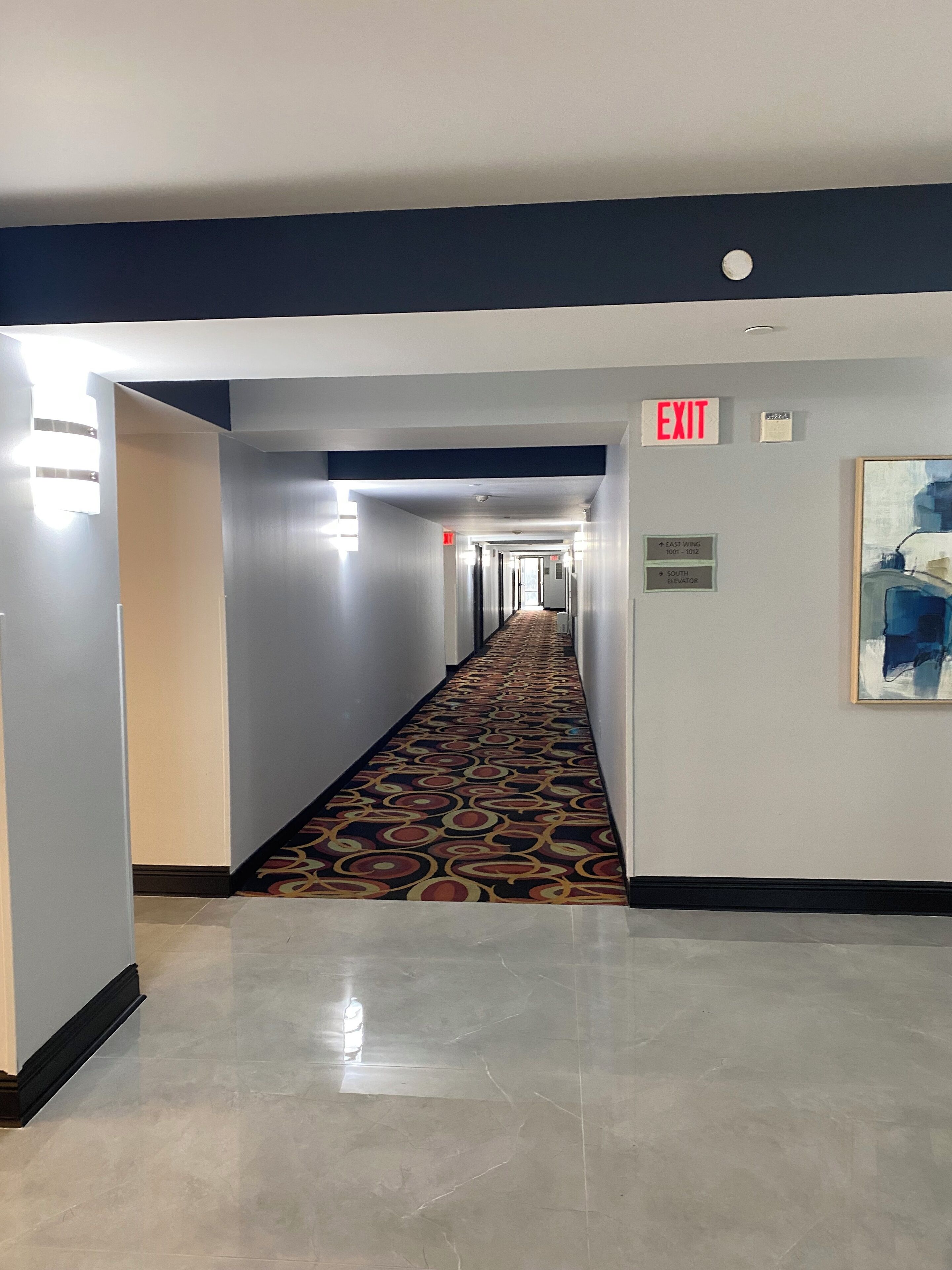 A hotel hallway with a patterned carpet, an exit sign, and directional signs for the East Wing and elevator.