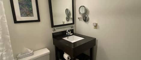 Une salle de bain avec des toilettes blanches, un lavabo noir avec un miroir au-dessus, et un tableau encadré accroché au mur.