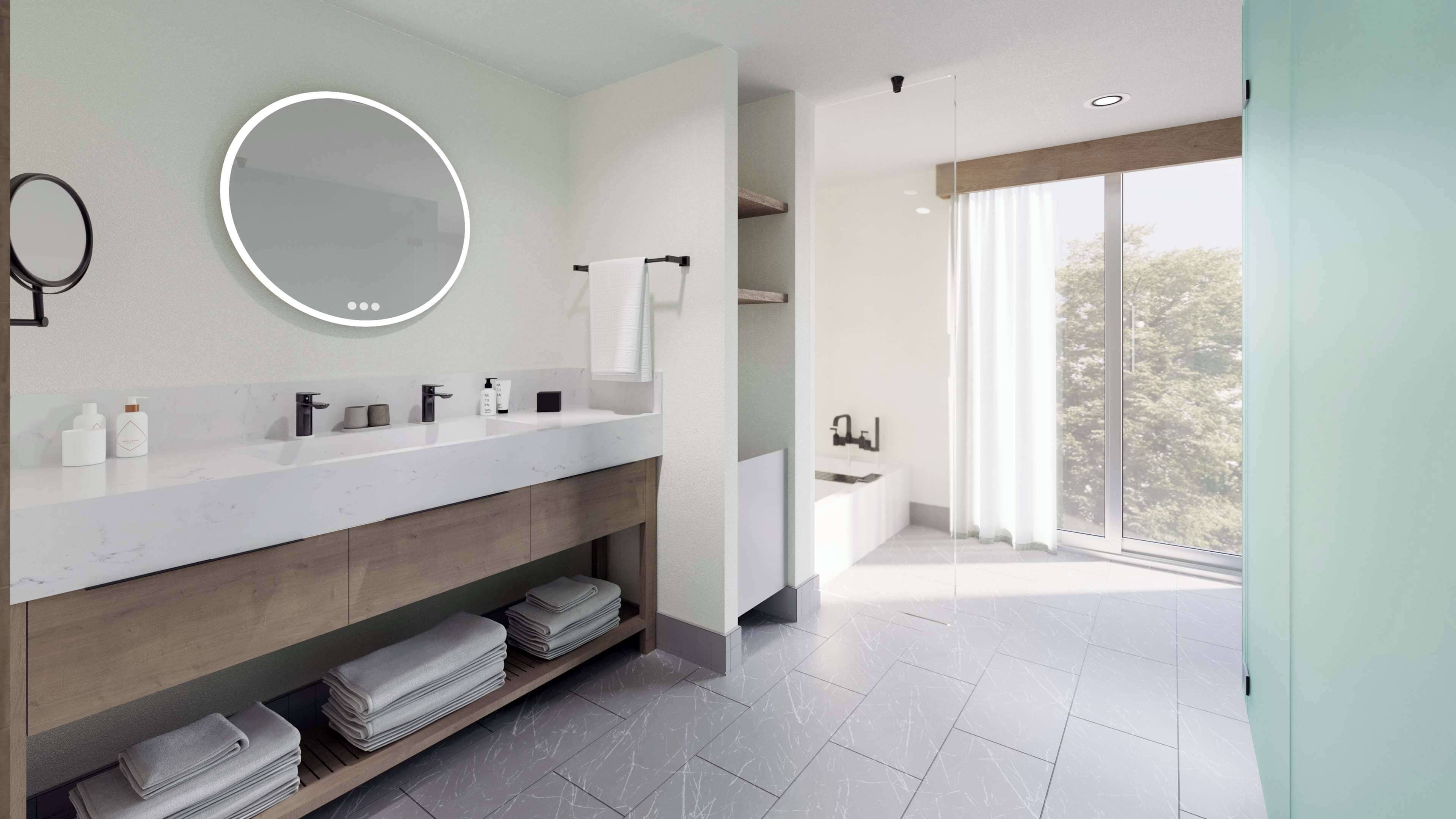 separate bathtub and shower, deep-soaking bathtub, rainfall showerhead