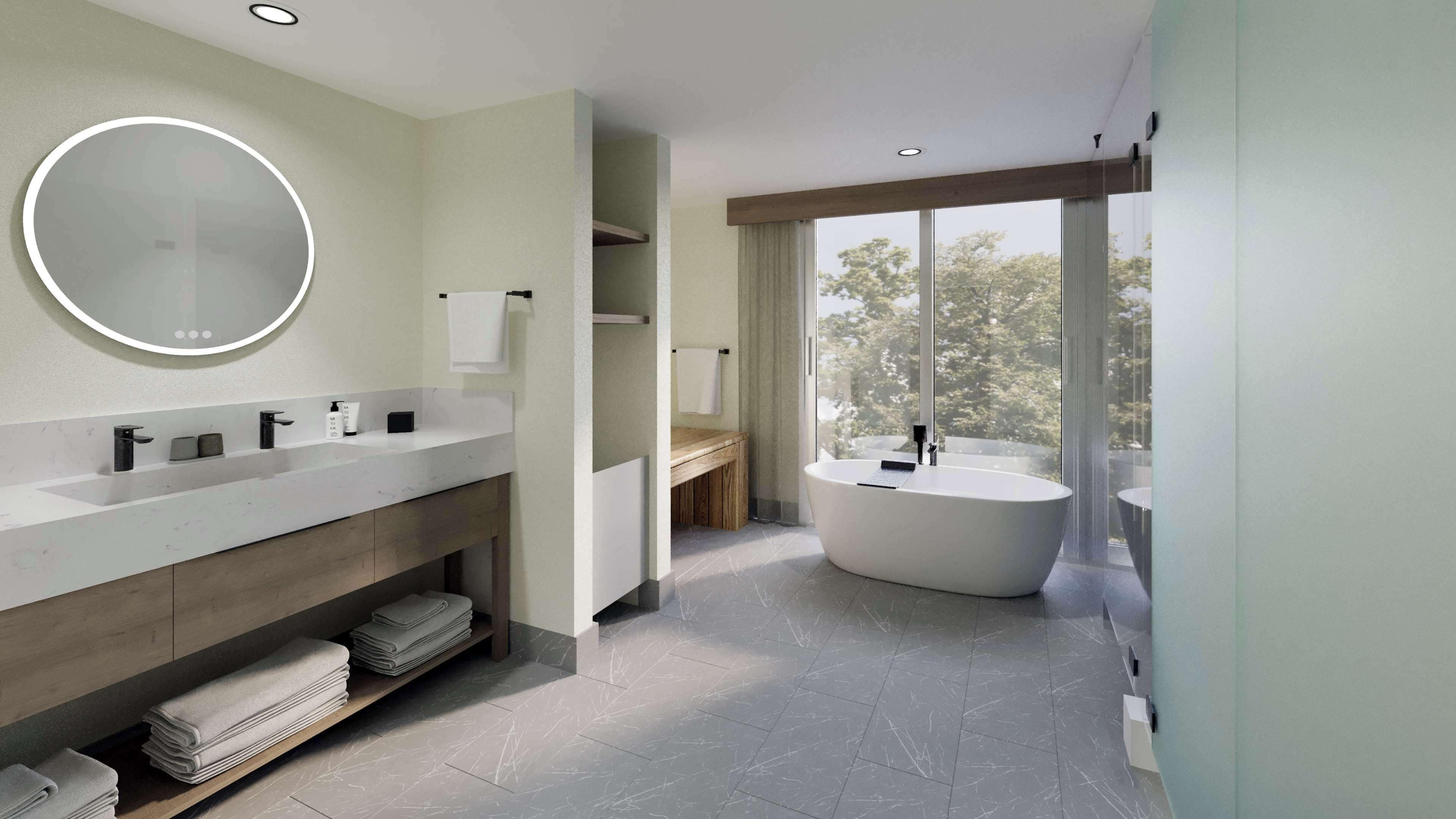 studio, 1 king bed, accessible (hearing) | bathroom | separate bathtub and shower, deep-soaking bathtub, rainfall showerhead