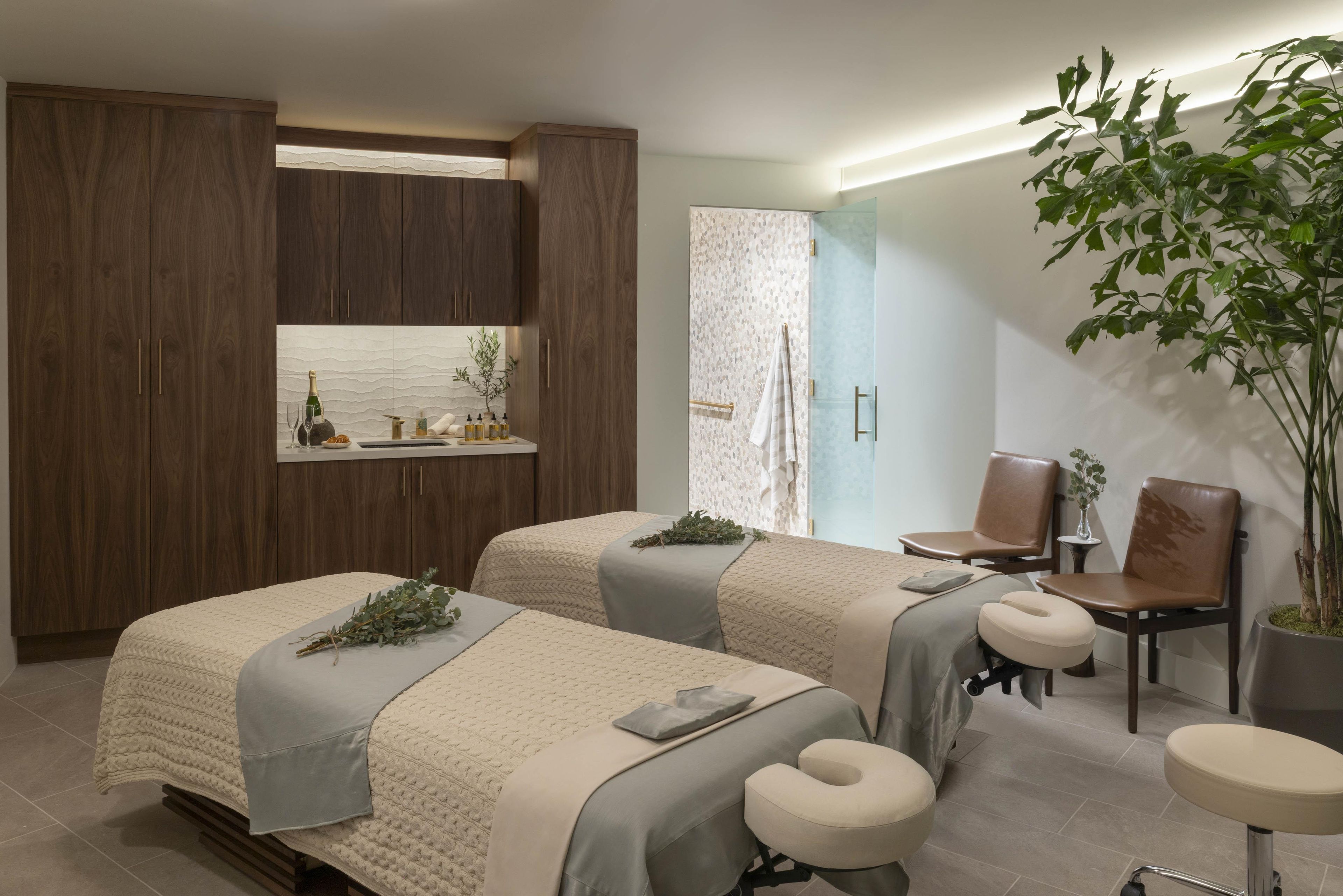 Un dormitorio moderno con dos camas, un rincón de descanso con una silla y una planta grande en maceta.